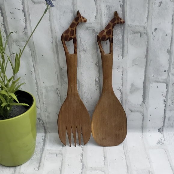 African Hardwood Teak Spoon Fork Spatula Giraffe Handle Salad Serving Set - Picture 2 of 6